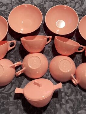 14PC MCM Vintage Sun Valley Melmac Cups Bowls Sugar Bubble Gum Pink USA 50s 60s